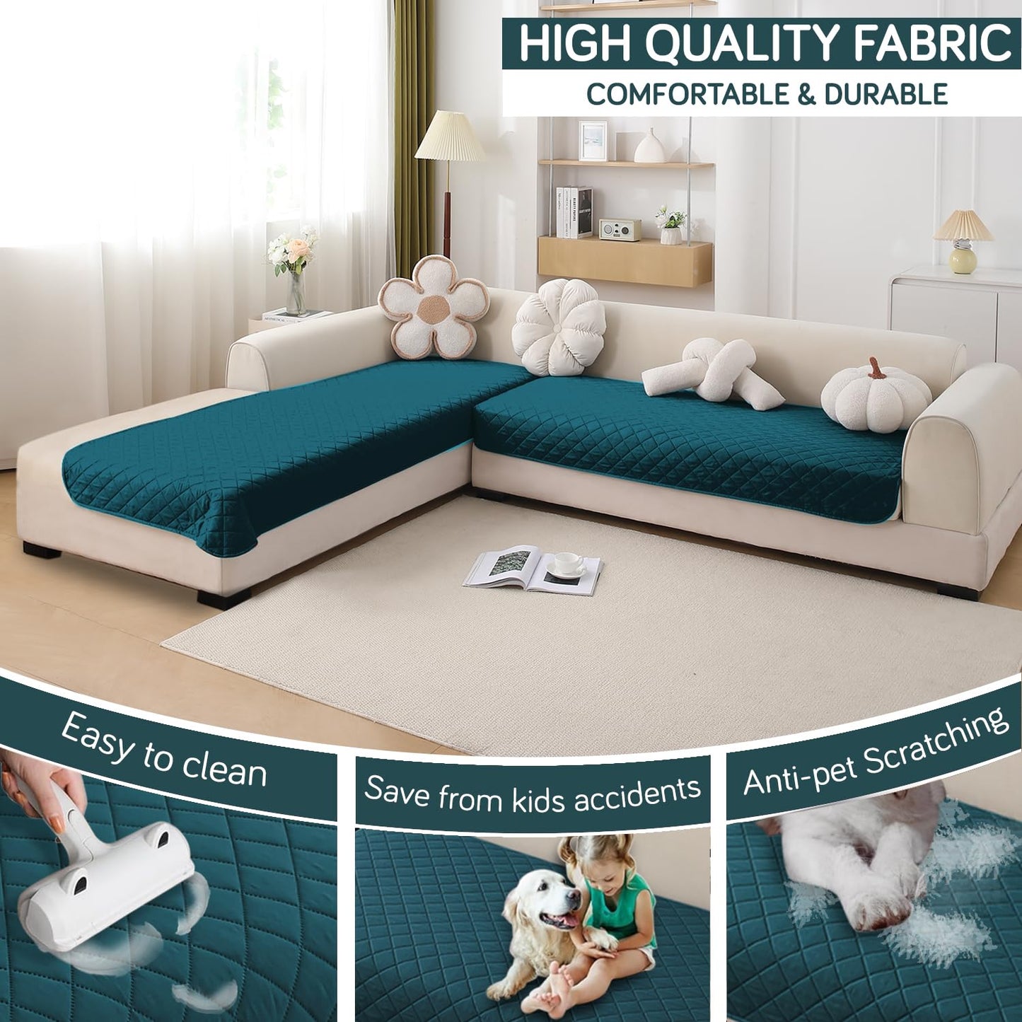 HOKIPO Waterproof Quilted Quick Dry L Shape Sofa Seat Cover Mat, Peacock Blue