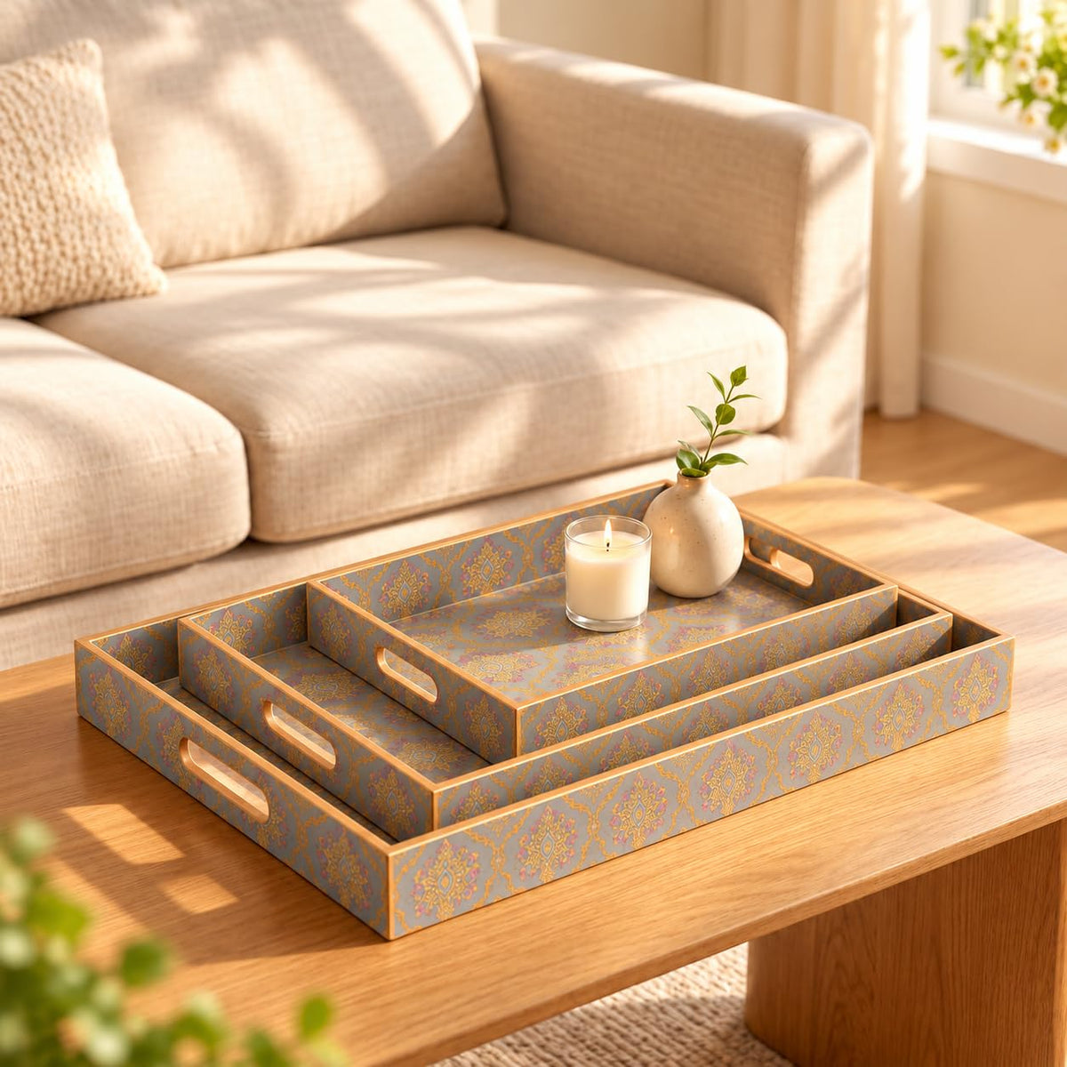 HOKIPO Serving Tray Set of 3, Engineered Wood, Shahi Gulnaar - image 9