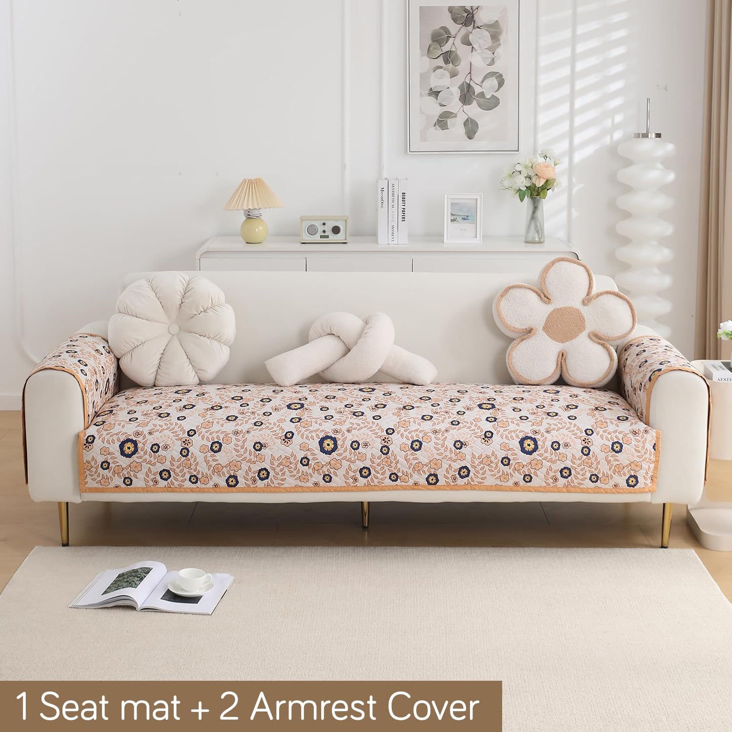 HOKIPO Quilted Sofa Seat Mat for 1/2/3 Seater with 2 Armrest Covers with Pockets, Light Peach Candytuft