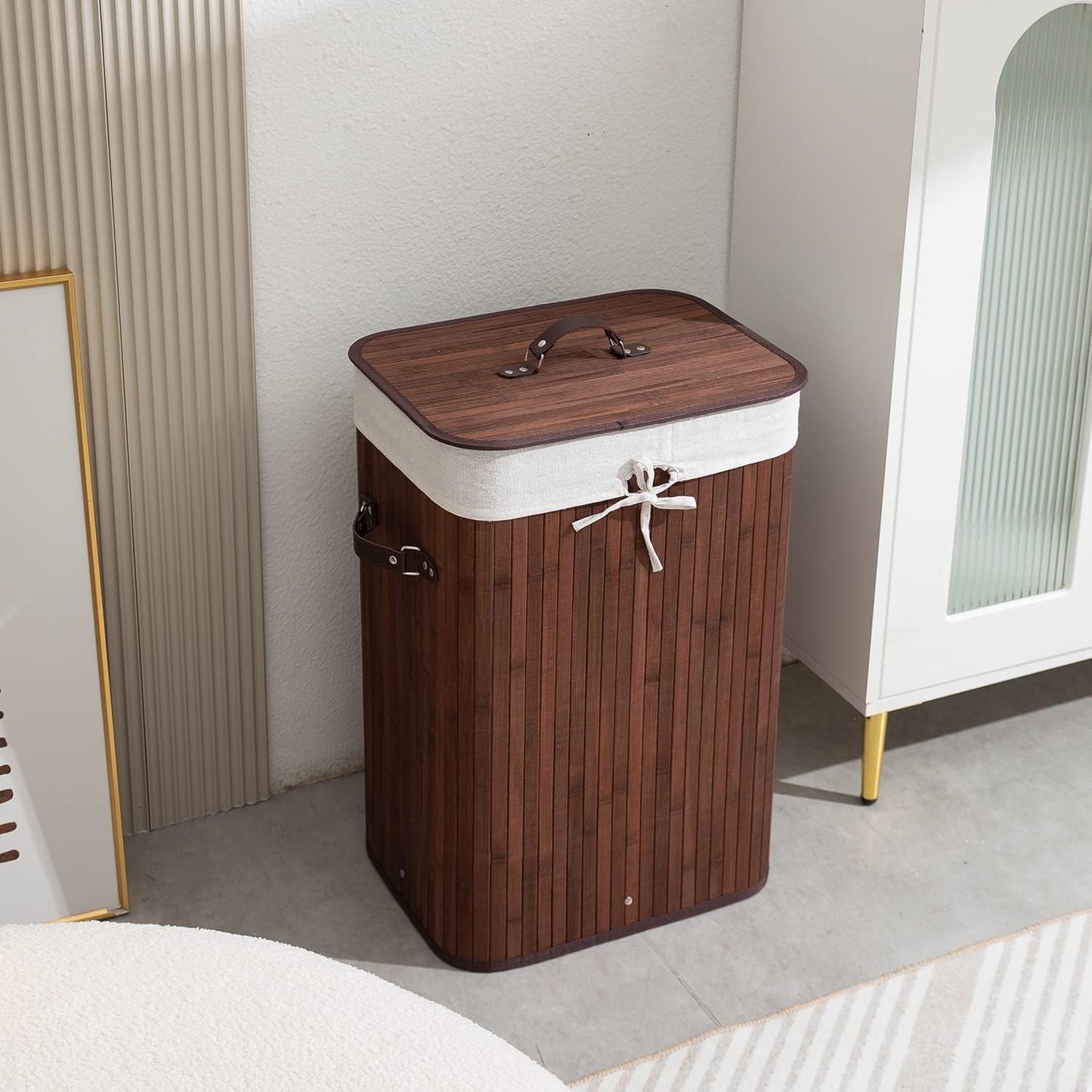 Eco-Friendly Foldable Bamboo Laundry Basket Hamper with Lid, Large - 81 Liter, Coffee Brown