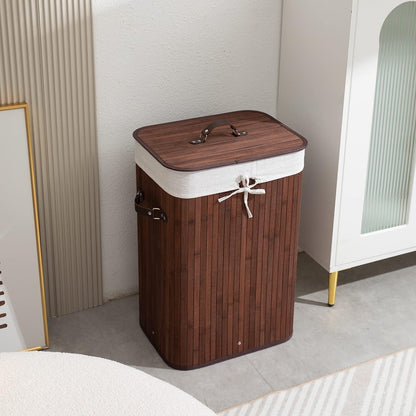 Eco-Friendly Foldable Bamboo Laundry Basket Hamper with Lid, Large - 81 Liter, Coffee Brown