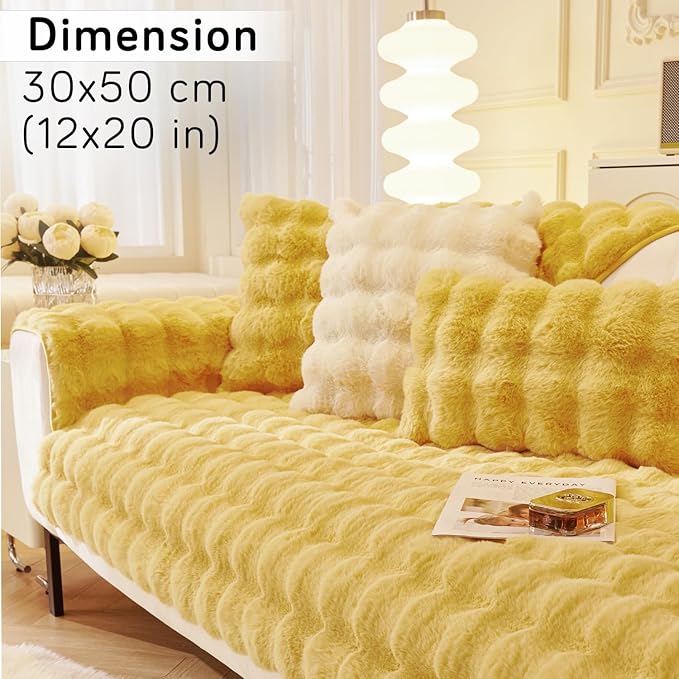 Premium Faux Rabbit Fur Anti Slip Sofa Cover Mat with 2 Armrest Cover and Cushion Cover, Honey Yellow