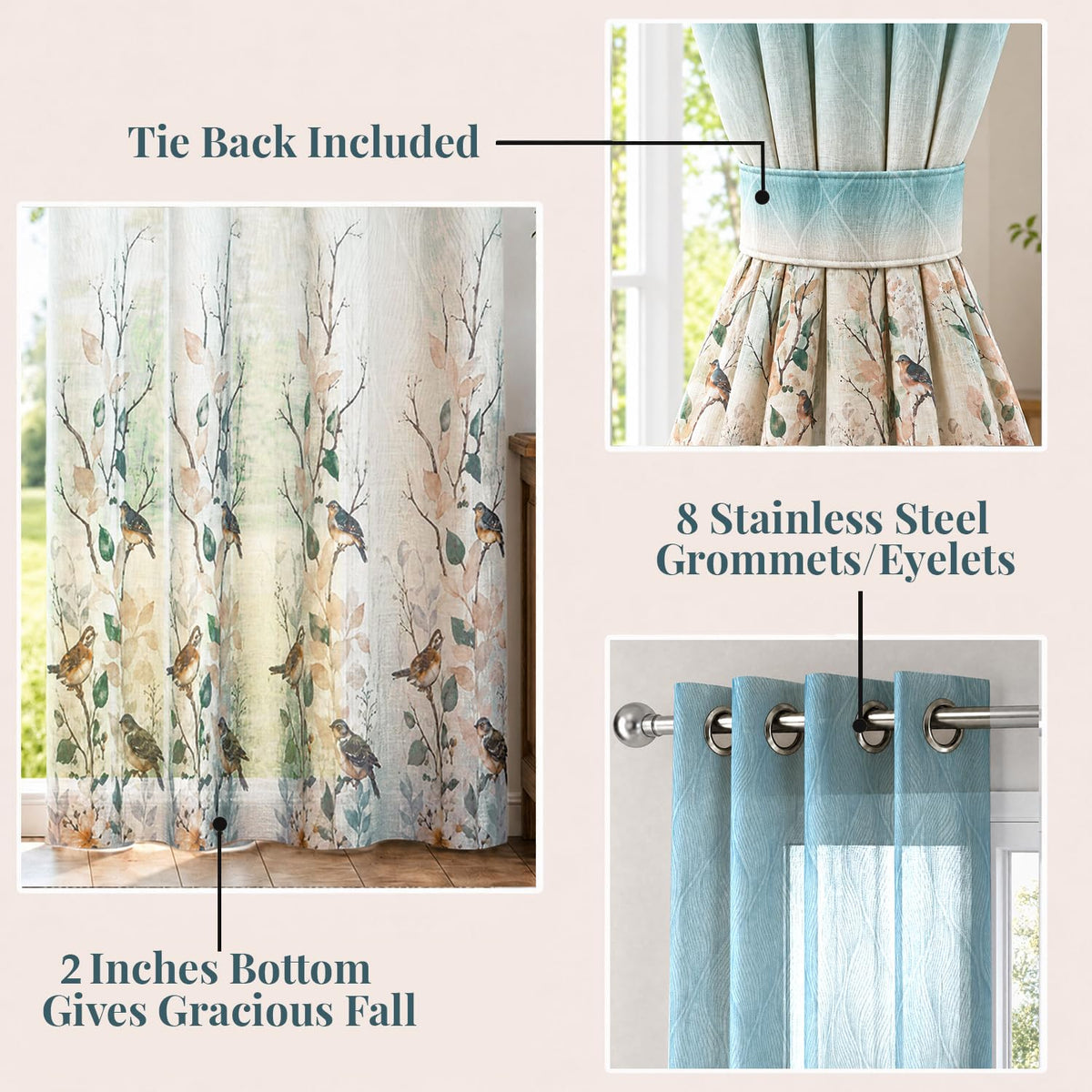 HOKIPO Petal Breeze Sheer Curtains, 7 Feet Long - Oceanic Grace - image 4