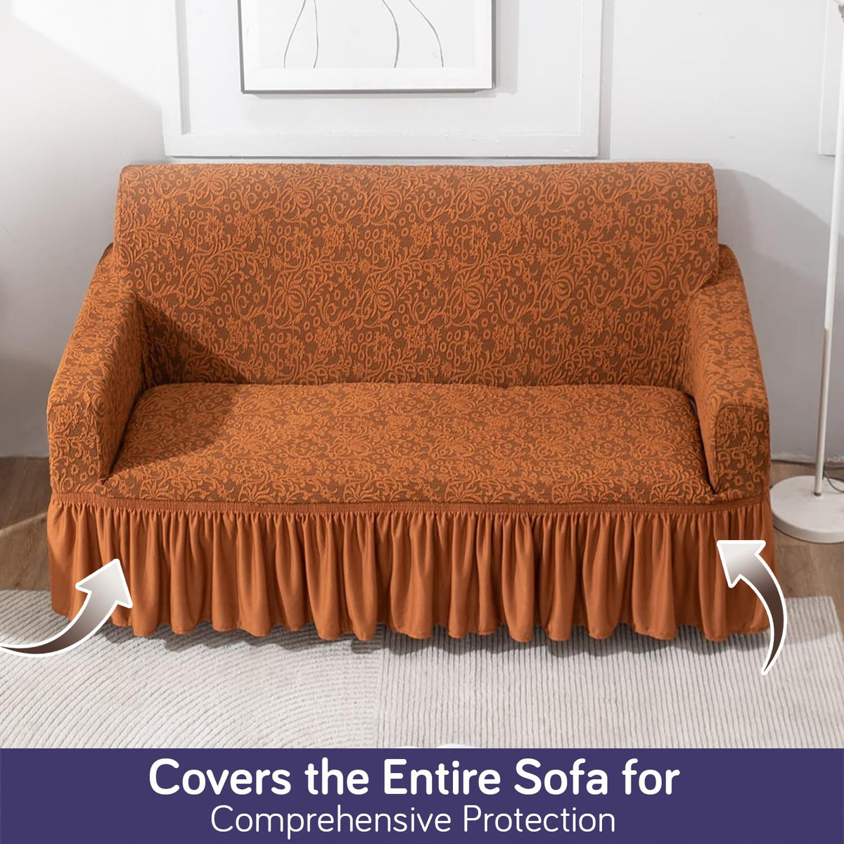 Elastic Stretchable Designer Woven Jacquard Sofa Cover with Frill, Caramel Brown