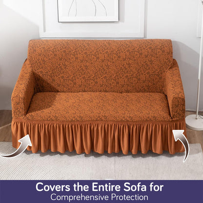 Elastic Stretchable Designer Woven Jacquard Sofa Cover with Frill, Caramel Brown