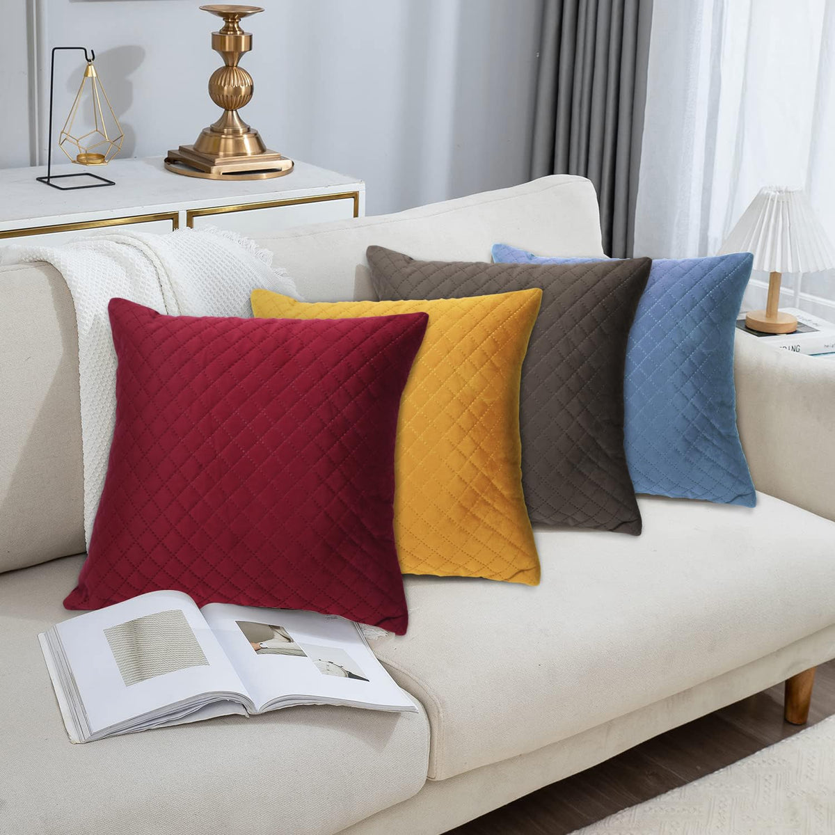 Buy Stylish Mustard Yellow colour Zippered Square Quilted Velvet Sofa Pillow Covers
