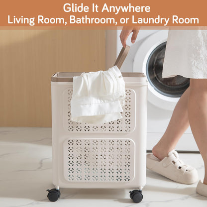 HOKIPO Foldable Laundry Basket with Wheels for Clothes, Toys & More - Beige