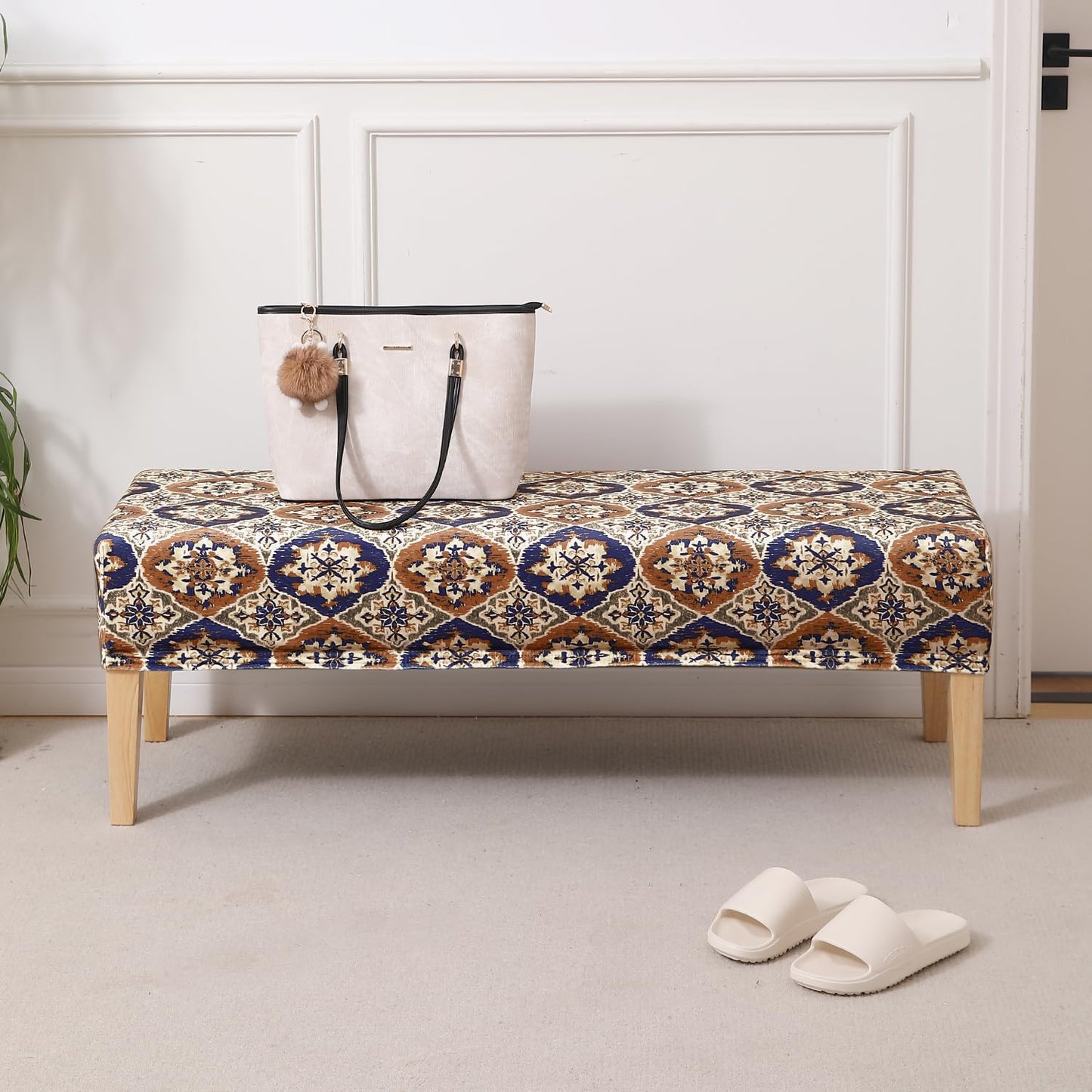 Premium Printed Velvet Dining Bench Cover, Indigo Moroccan Charm