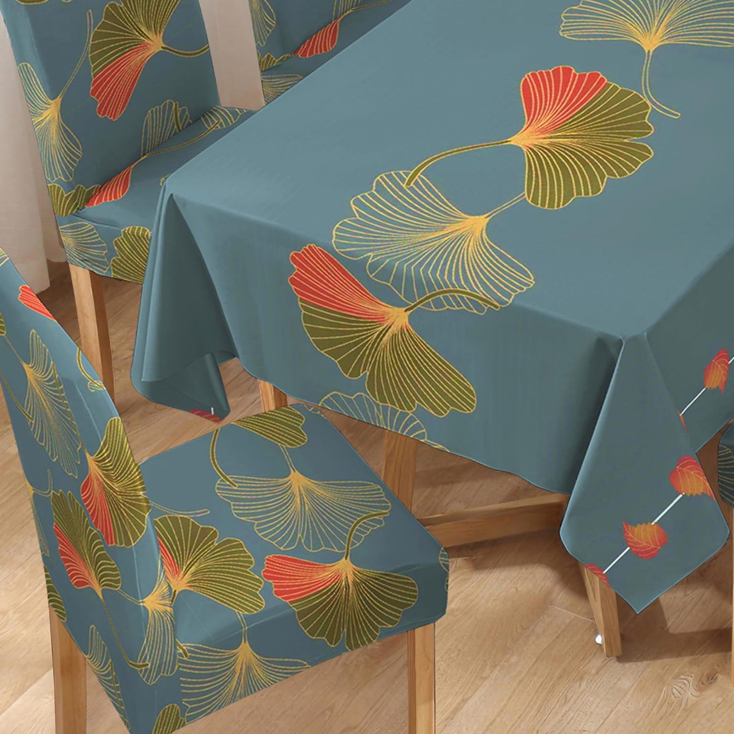 Polyester Dining Chair Covers Set of 4/6 with Matching Tablecloth, Ginkgo Blue Storm