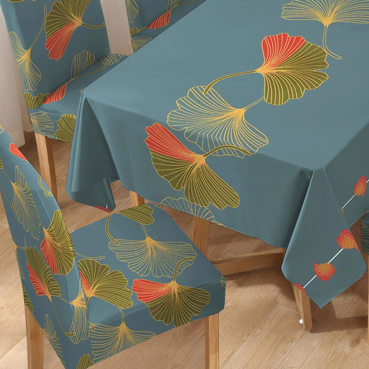Polyester Dining Chair Covers Set of 4/6 with Matching Tablecloth, Ginkgo Blue Storm