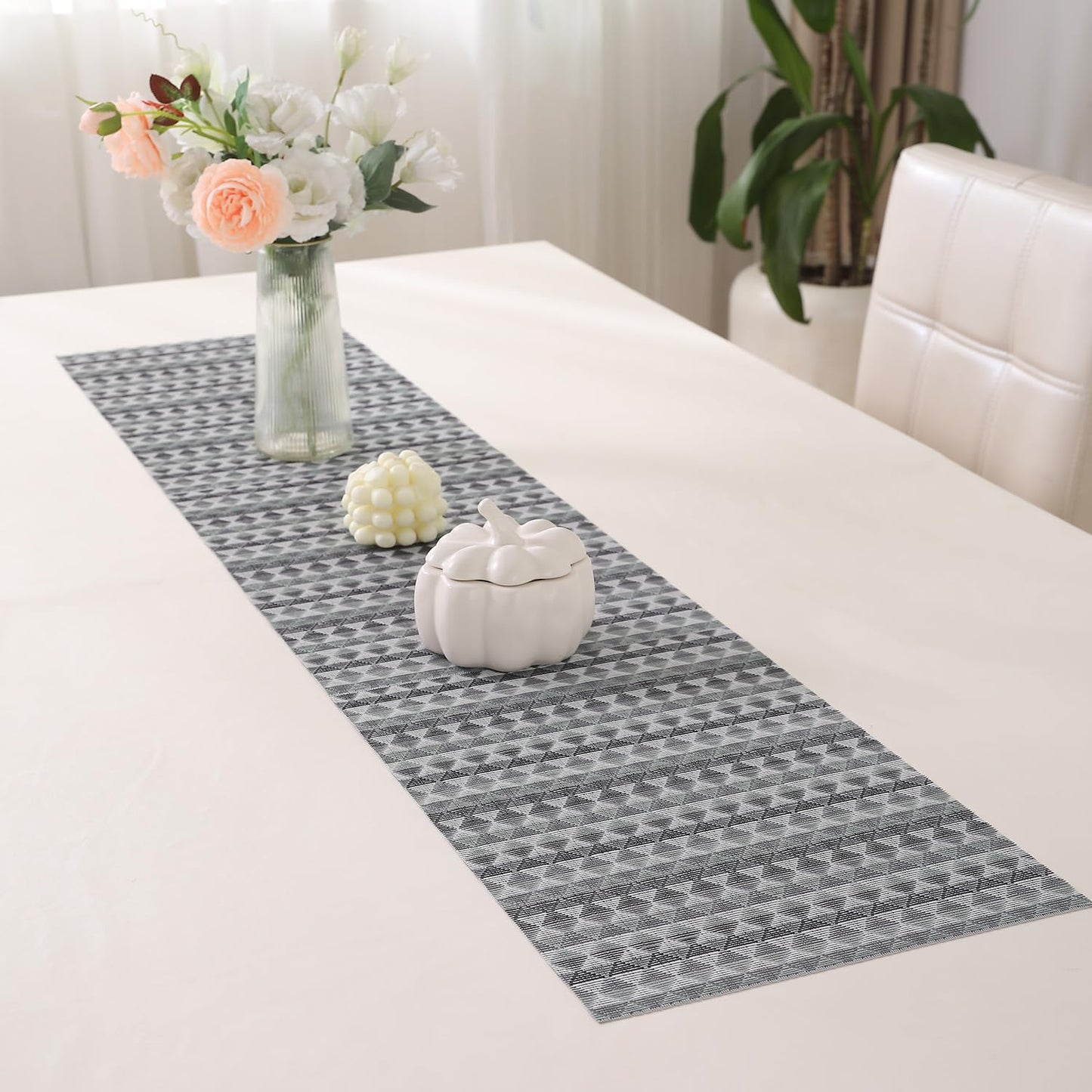 HOKIPO PVC Dining Table Mats and Runner Set of 4/6, Cool Grey Rhombus