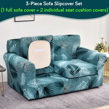 Printed Stretchable Sofa Slipcover with 1/2/3 Pc Separate Seat Cushion Cover for each 1/2/3 Seater, Aqua Palm Whisper