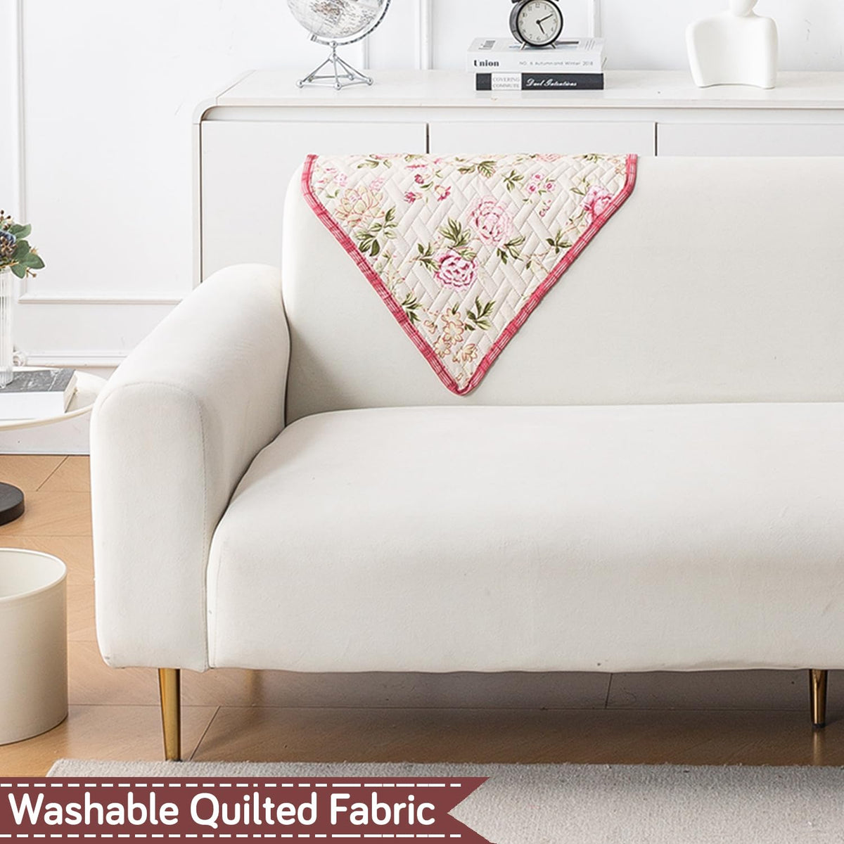 'Homehues' Printed Quilted Sofa Cover Mats, Beige Peonies