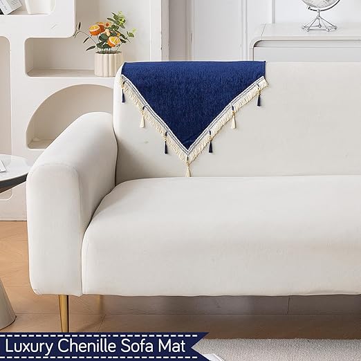 Serenity Tassel Chenille Sofa Cover with Tassel – Sapphire Navy