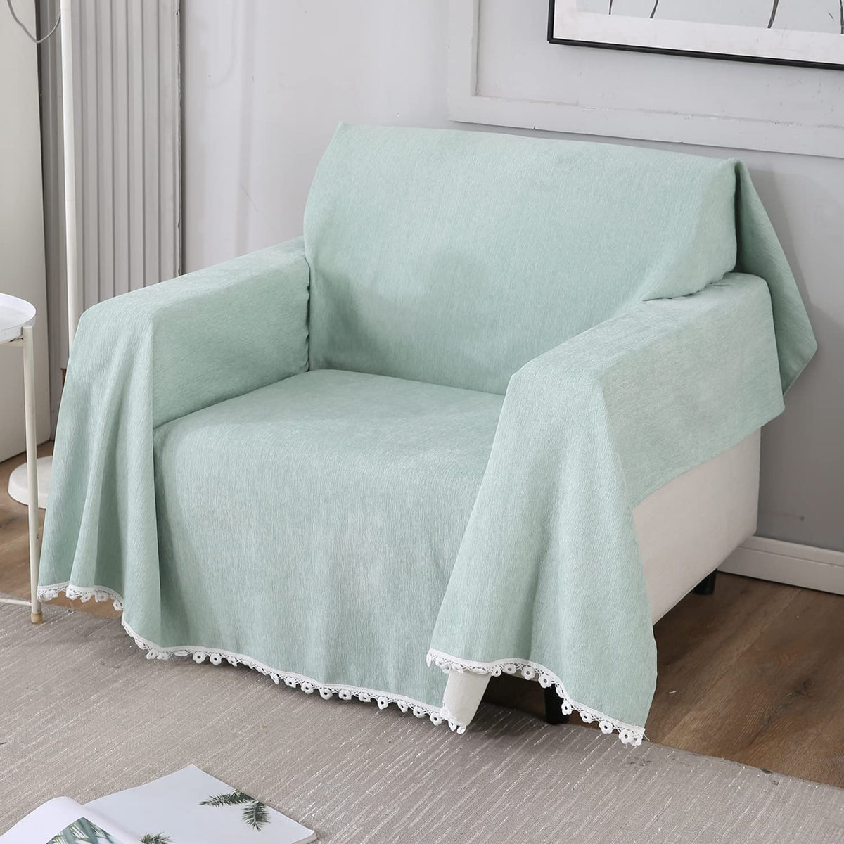 Elegant Mint colour chenille sofa throw of size 180(D)x180(L) for single seater sofa chair 
