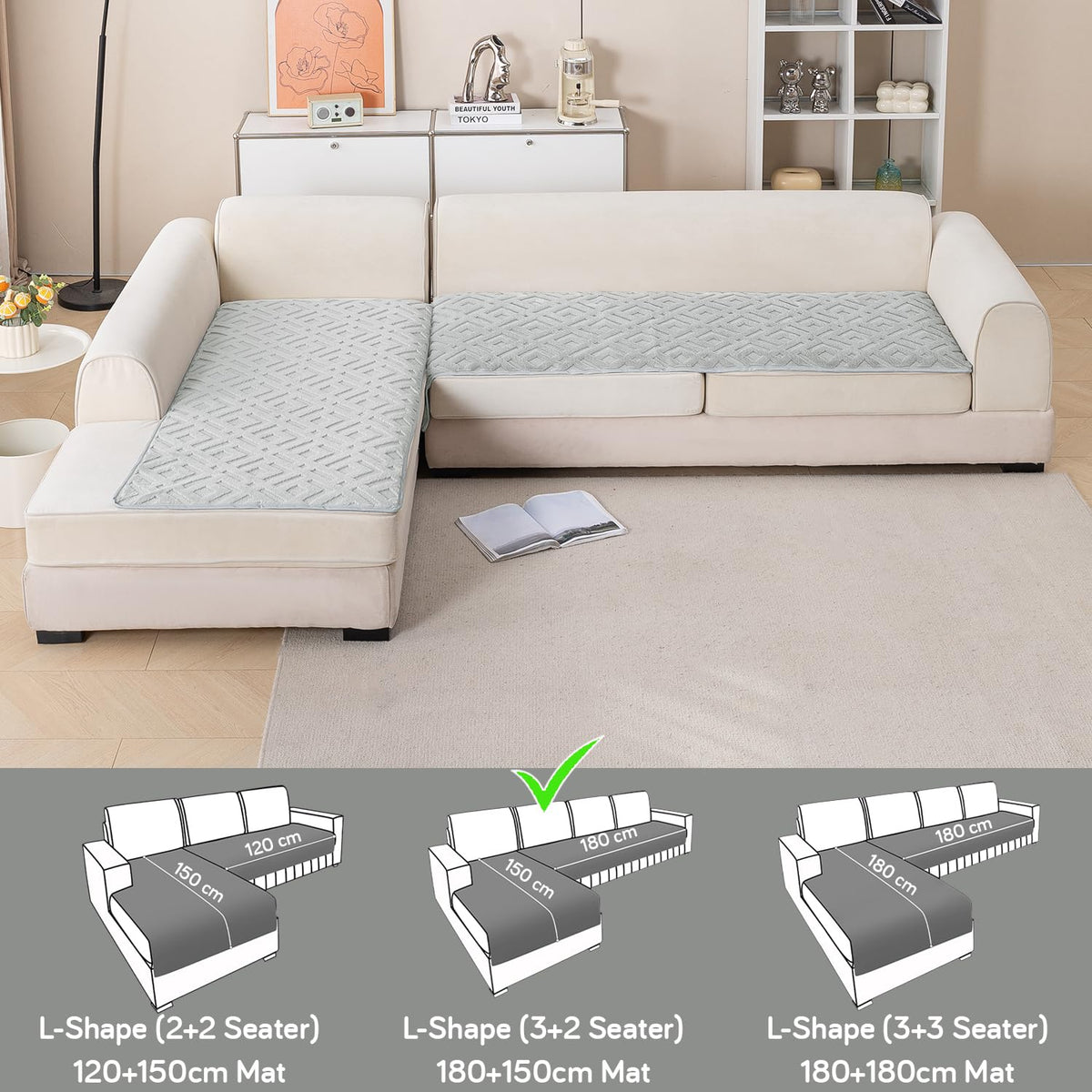 Velvet Maze Premium L Shape Sofa Cover Seat Mat, Light Grey