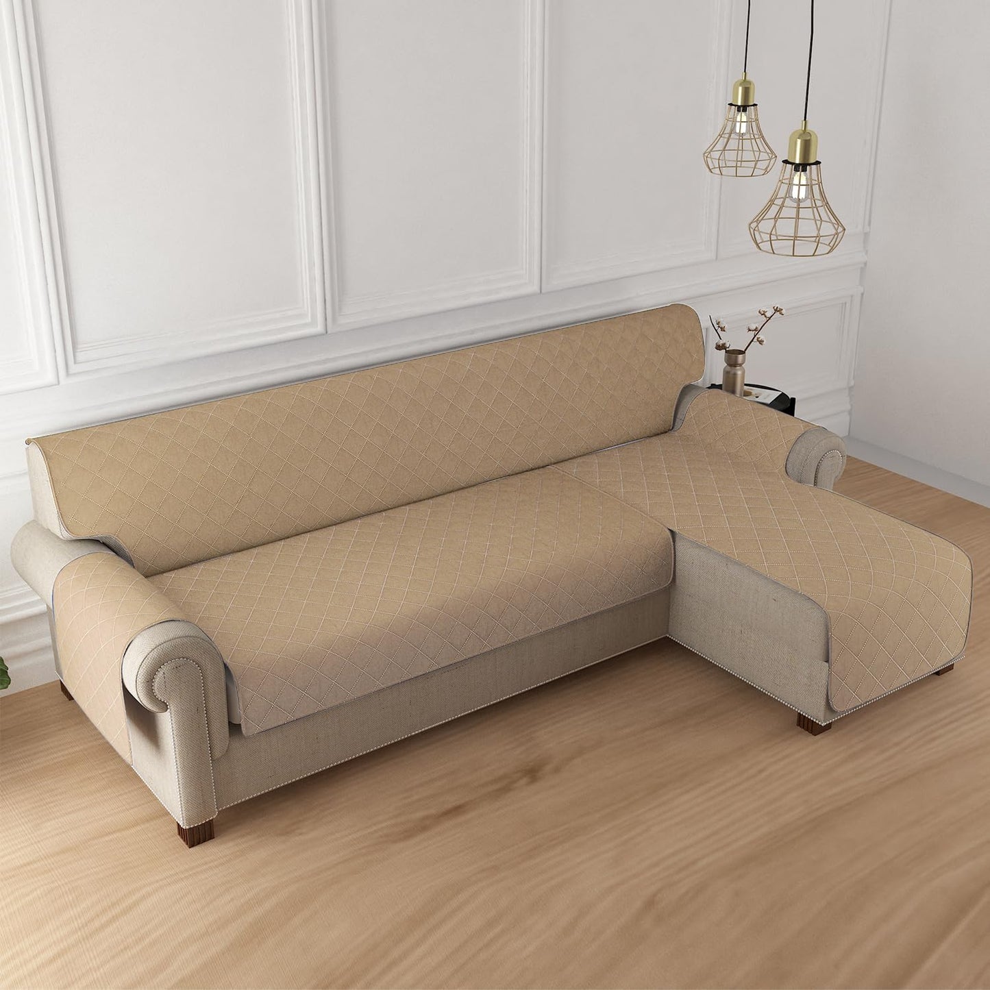HOKIPO Quilted Reversible One Piece L Shape 4/5/6 Seater Sofa Cover Mat, Camel