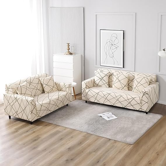 Elastic Stretchable Printed Sofa Cover, Beige Abstarct Lines