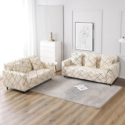 Elastic Stretchable Printed Sofa Cover, Beige Abstarct Lines