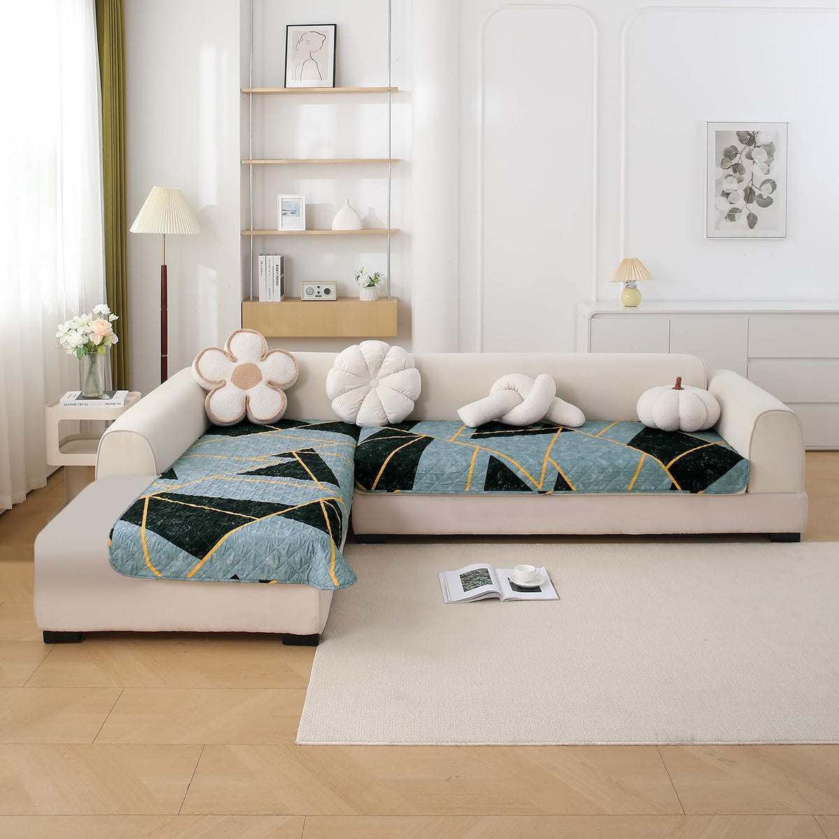 Waterproof Printed Quilted Quick Dry L Shape Sofa Seat Cover Mat, Multicolor Abstract Geometry