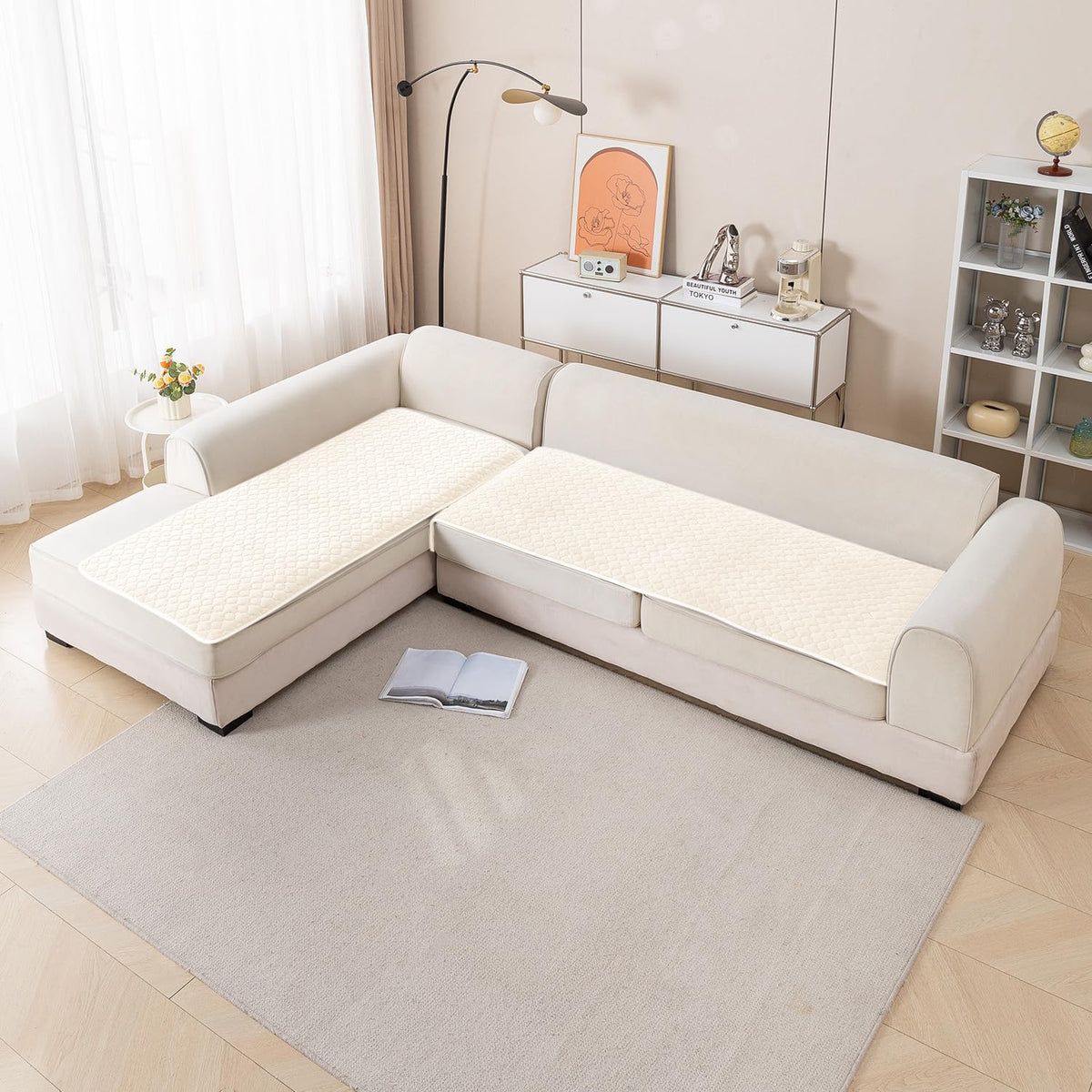 Diamond Plush Premium Quilted L Shape Sofa Cover Seat Mat, Cream