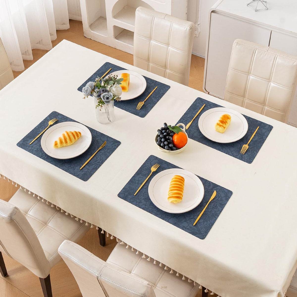 Hibiscus Bloom Washable Leather Mats for Dining Table - Navy Blue