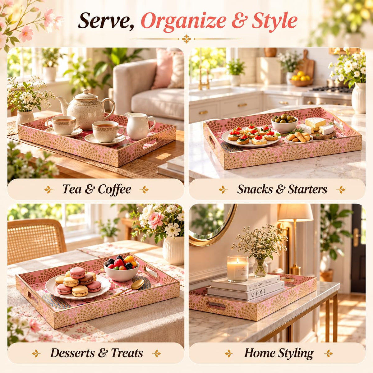 HOKIPO Serving Tray Set of 3, Engineered Wood, Gulabi Mayurvan - image 5