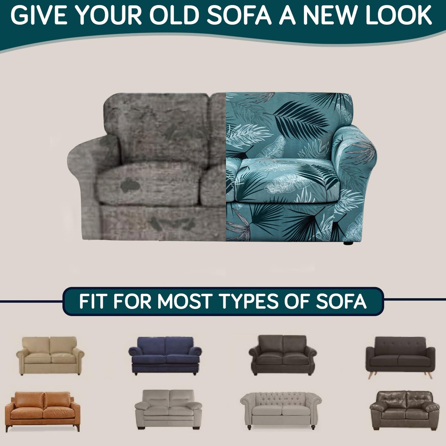 Printed Stretchable Sofa Slipcover with 1/2/3 Pc Separate Seat Cushion Cover for each 1/2/3 Seater, Aqua Palm Whisper