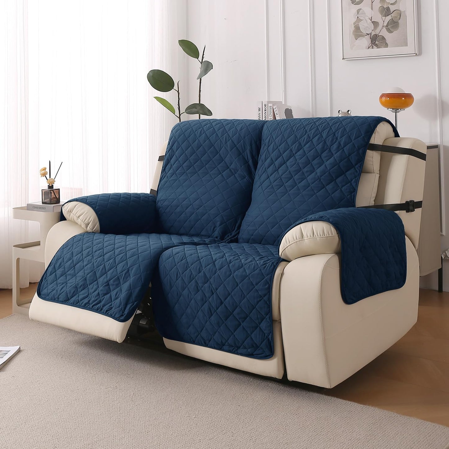 UrbanQuilt Recliner Sofa Slipcover Mat with Dual Belt for 1/2/3 Seater - Navy Blue