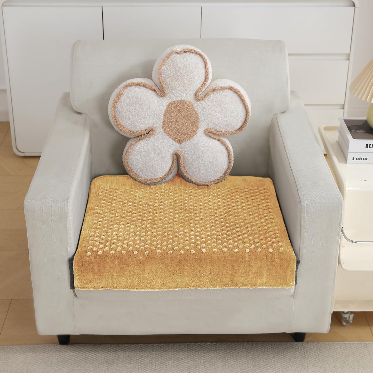 Handloom Made Thick Poly Velvet Reversible Sofa Mat for 1/2/3 Seater, Buff Cream