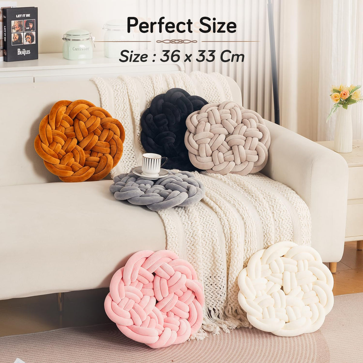 HOKIPO Round Braided Knot Cushion for Bed, Couch & Chair, 36 cm, Black