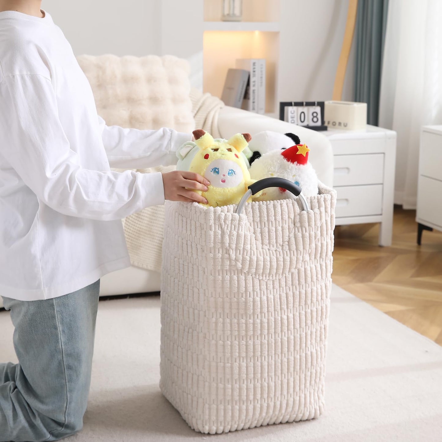 Folding Laundry Bag for Clothes Hamper Basket, Collapsible Storage Basket, Cream