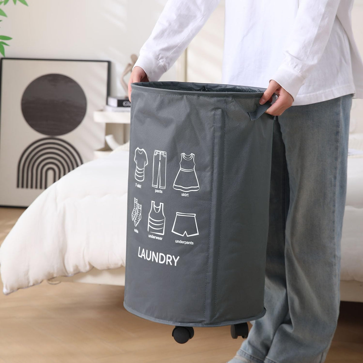 Laundry Basket Foldable Hamper With Wheels, Grey