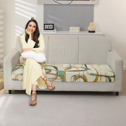 140 GSM Stretchable Printed Elastic Sofa Cushion Seat Cover for 1 /2 /3 Seaters / Pieces for Sofa, Parchement Beige Abstract Art