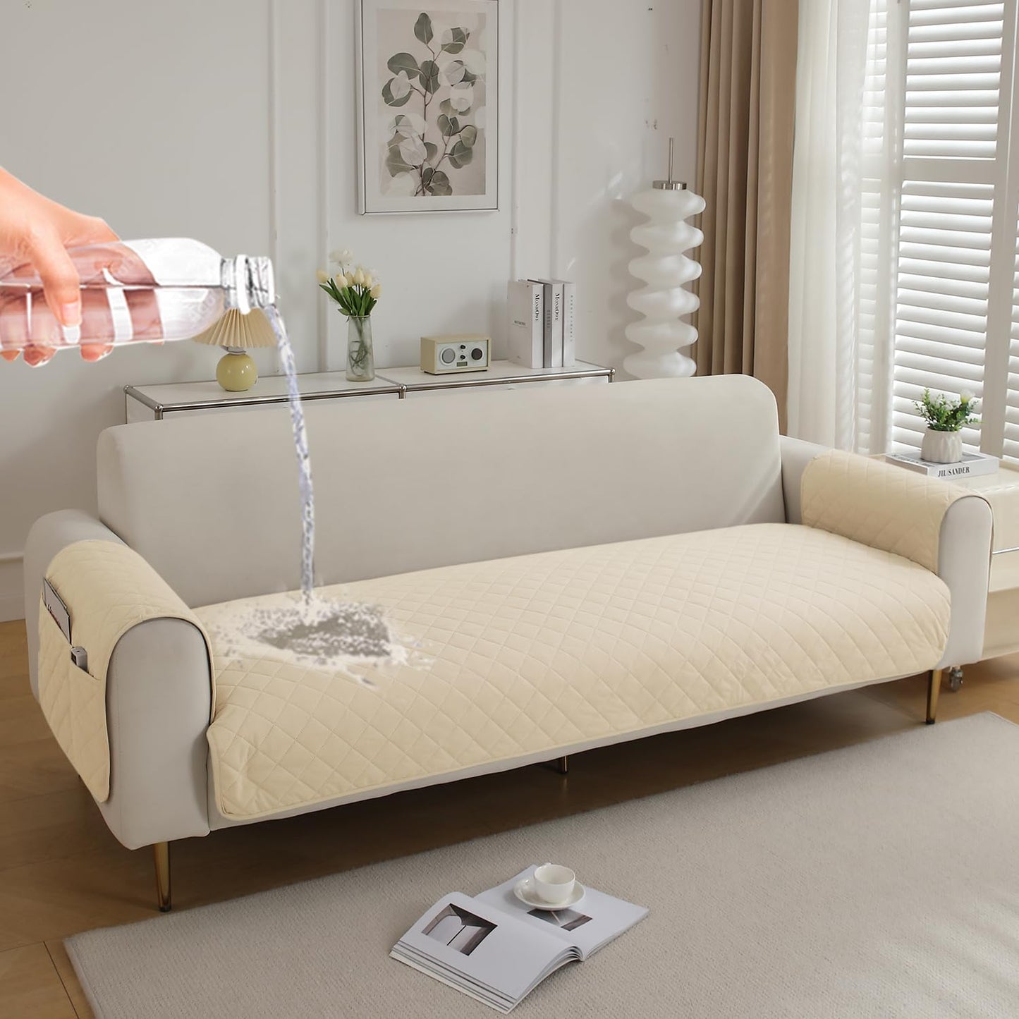 HOKIPO Quilted Waterproof Sofa Seat Mat for 1/2/3 Seater Sofa with 2 Armrest Covers with Pockets, Cream
