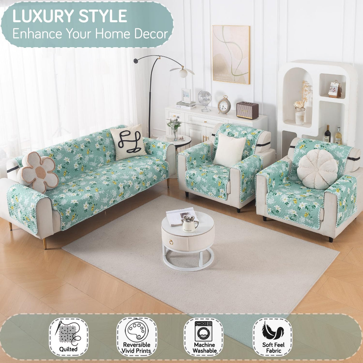 Easy Drape Reversible Quilted 5-Seater Sofa Cover (3+1+1), Fresh Meadow