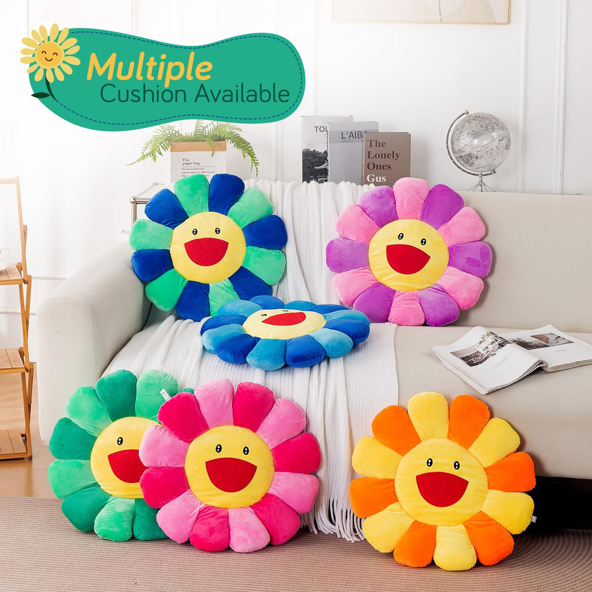 HOKIPO Smiley Sunflower Cushion for Sofa & Bed, 45 cm, Green