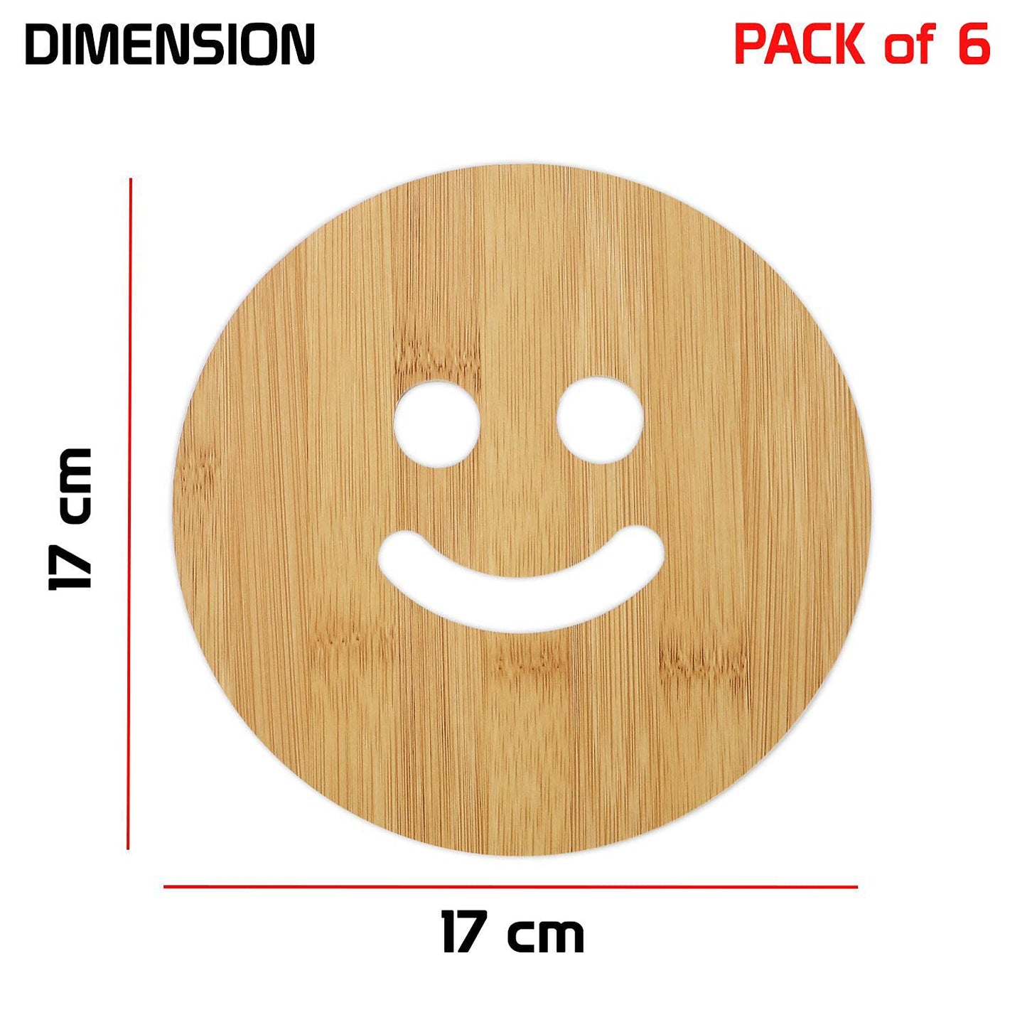HOKIPO Smily Bamboo Wooden Coasters for Home Pan Pot Holder - Pack of 2/4/6