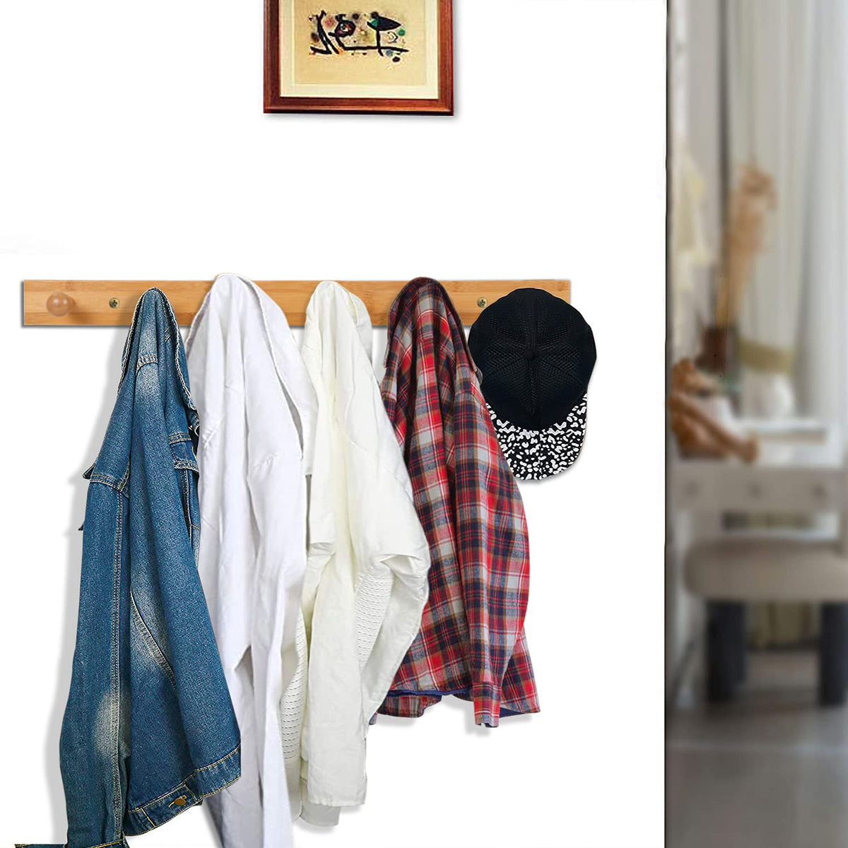 Bamboo Wooden Heavy Duty Wall Mounted Hooks for Hanging - 6 Hooks for Clothes & more