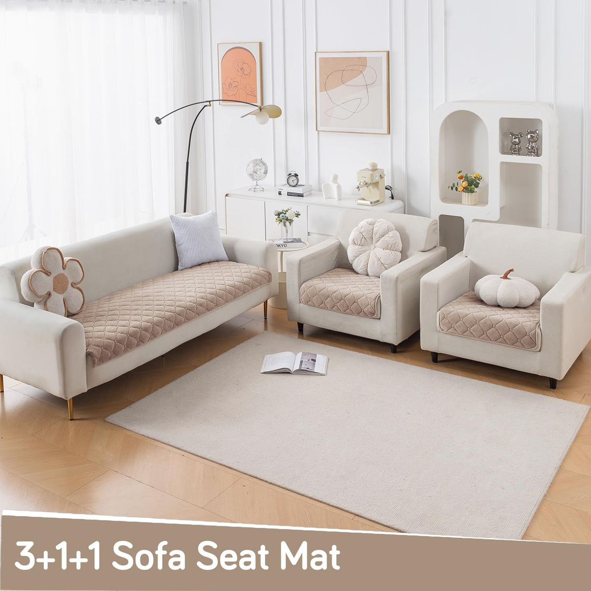 Diamond Tuft Quilted 5-Seater Sofa Mat (3+1+1), Anti-Slip, Warm Taupe