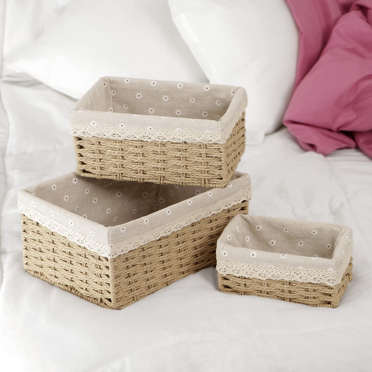 Eco-Friendly Handwoven Paper Weave Wicker Oval Basket For Home, Office, Wardrobe. Pack Of 3, Beige