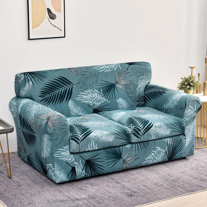 Printed Stretchable Sofa Slipcover with 1/2/3 Pc Separate Seat Cushion Cover for each 1/2/3 Seater, Aqua Palm Whisper