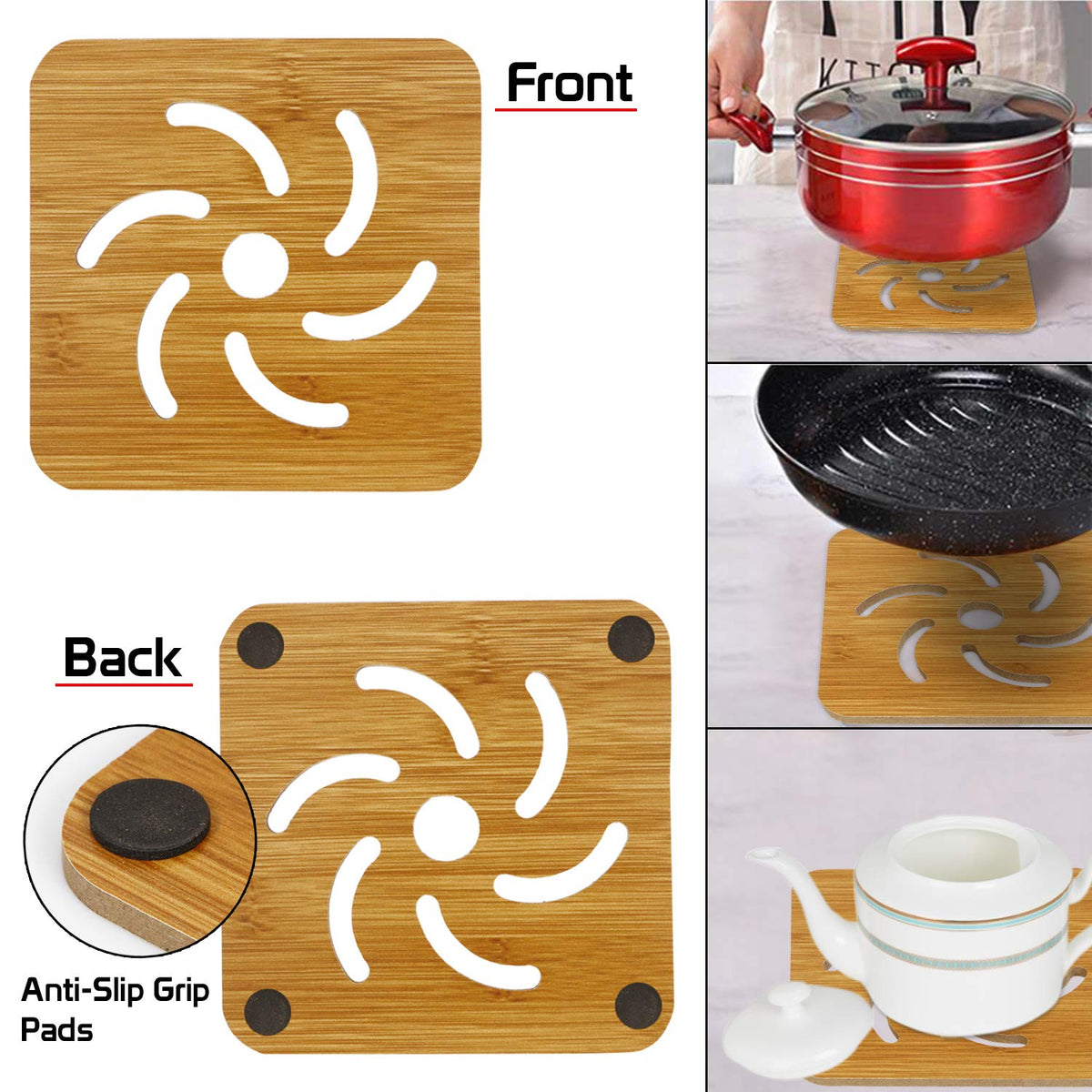 Buy Anti-slip Round Swirl Cut Bamboo Coaster Set