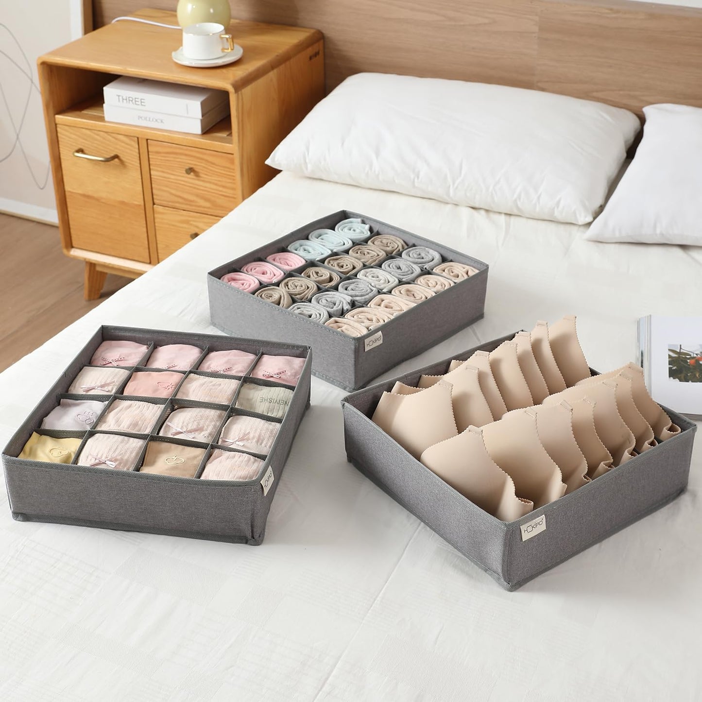 Undergarment Organizer Storage Box for Drawers Panty Socks Tie Lingerie Organizer for Wardrobe, 7/16/24 Grid, Grey