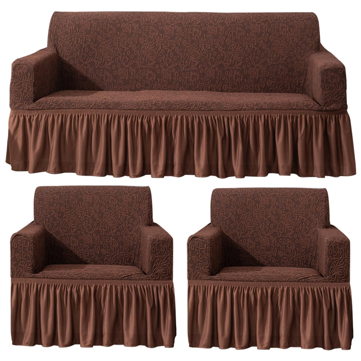 Pecan Brown designer woven jacquard frill sofa cover 3 1 1