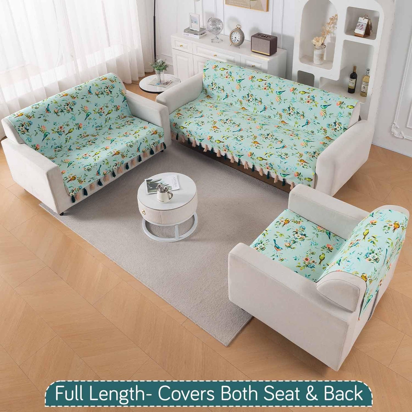 'Whispers of Nature' Series Holland Velvet Sofa Cover with Tassel, Mint Birdsong Blossom