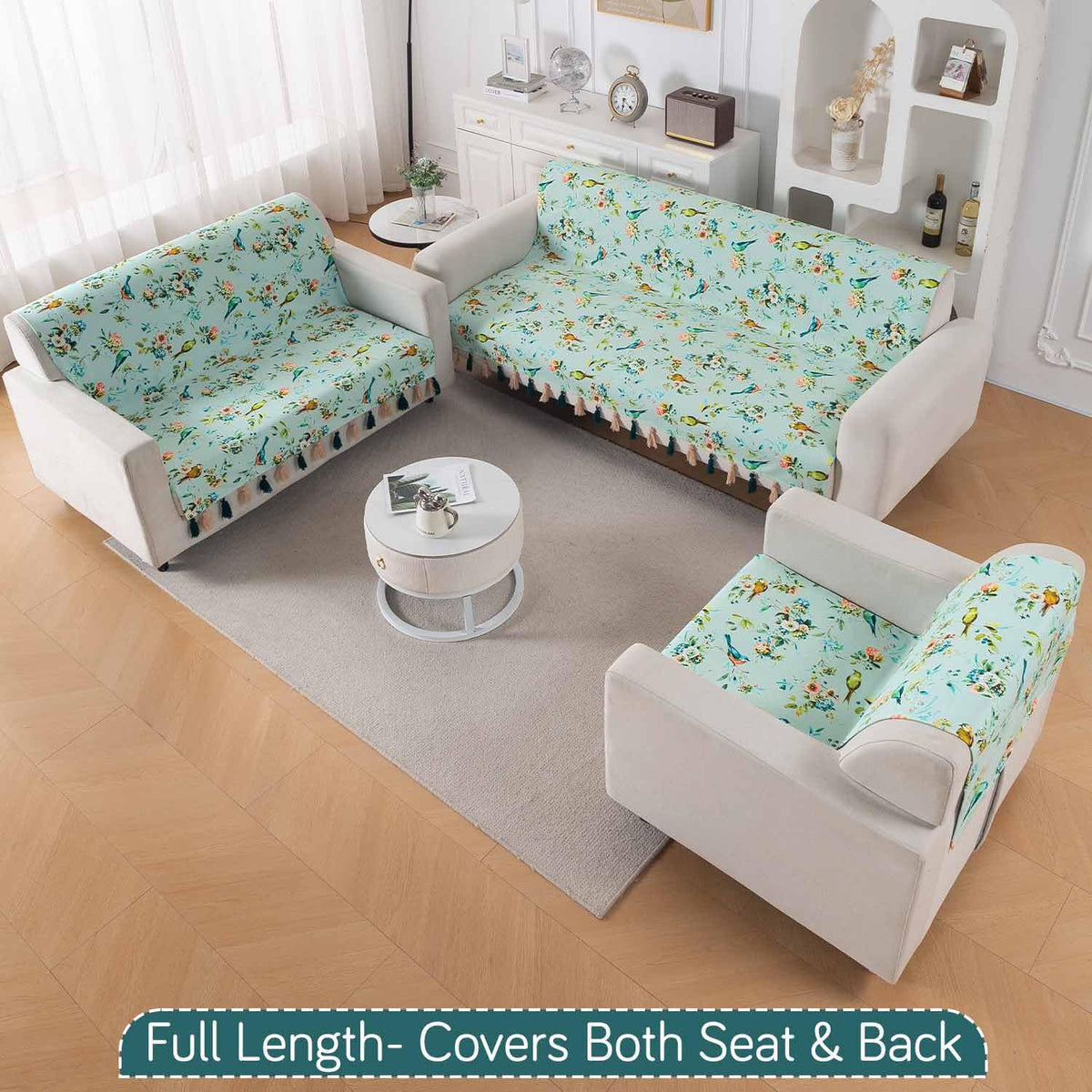 'Whispers of Nature' Series Holland Velvet Sofa Cover with Tassel, Mint Birdsong Blossom