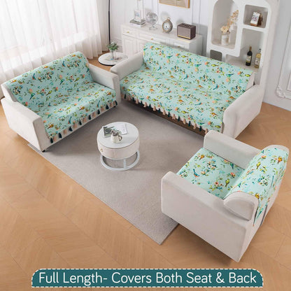 'Whispers of Nature' Series Holland Velvet Sofa Cover with Tassel, Mint Birdsong Blossom