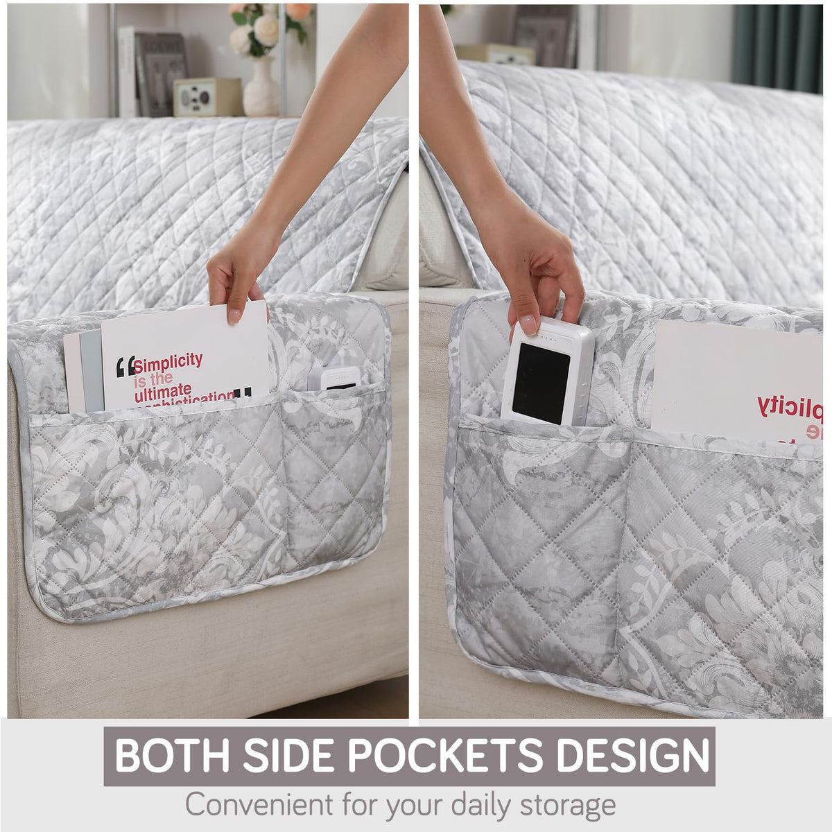 Motifs Cloud Grey print Quilted Waterproof Sofa Cover Set | Non Slip with Side Pockets
