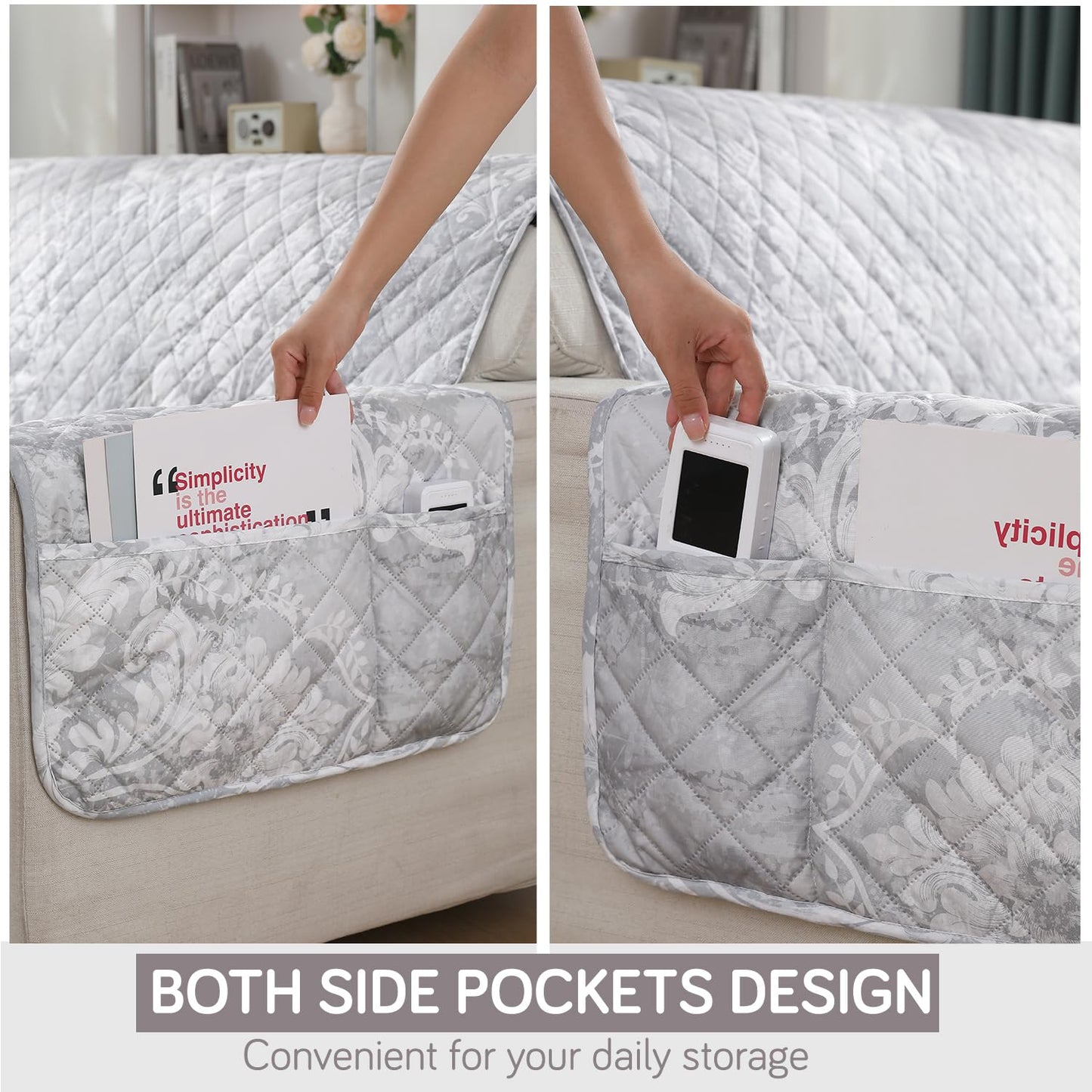 HOKIPO Quilted Waterproof Sofa Cover Mat with Pockets on Armrest Cover - Motifs Cloud Grey